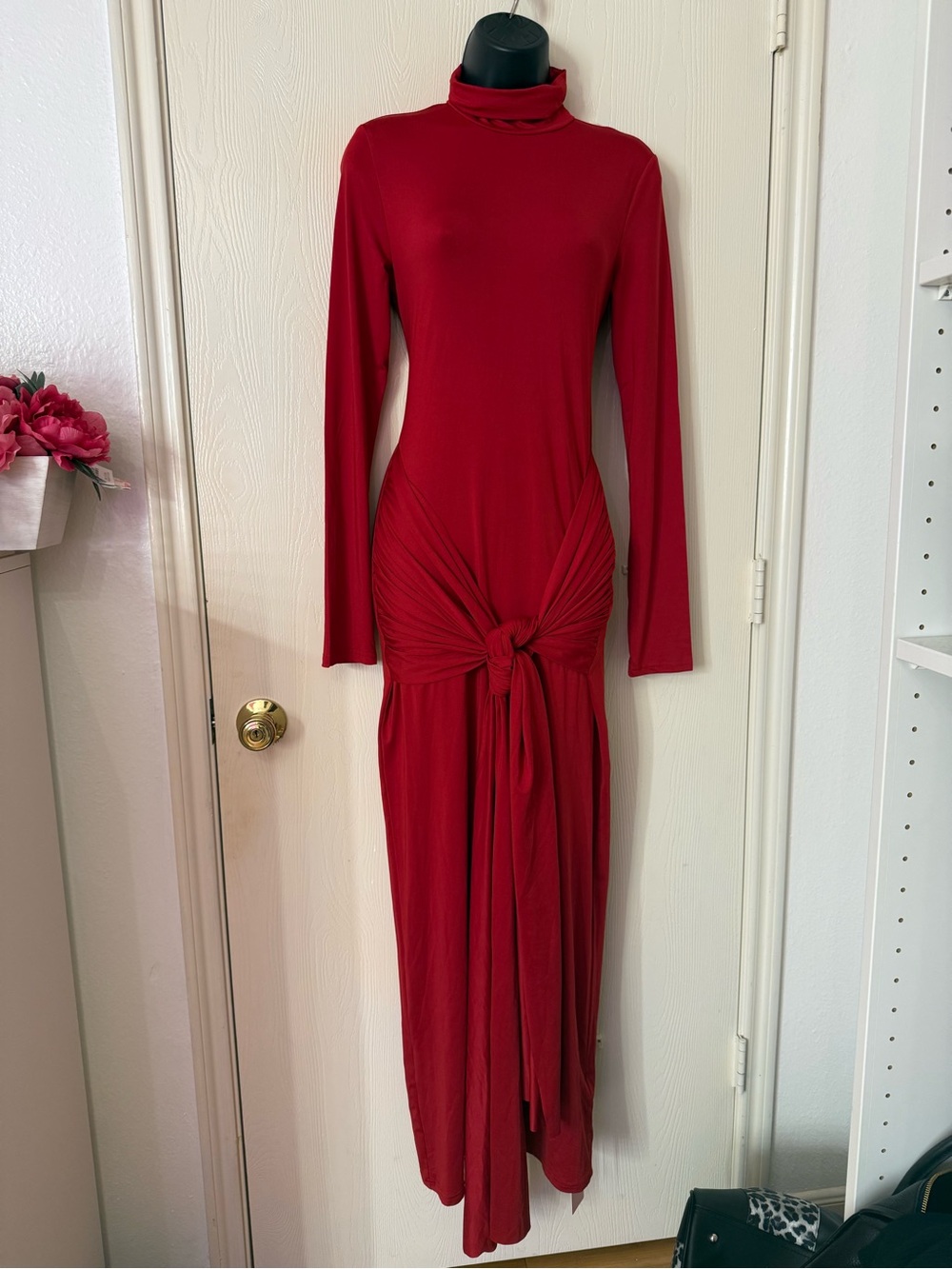 Knot-Front Long Sleeve Maxi Dress in Crimson